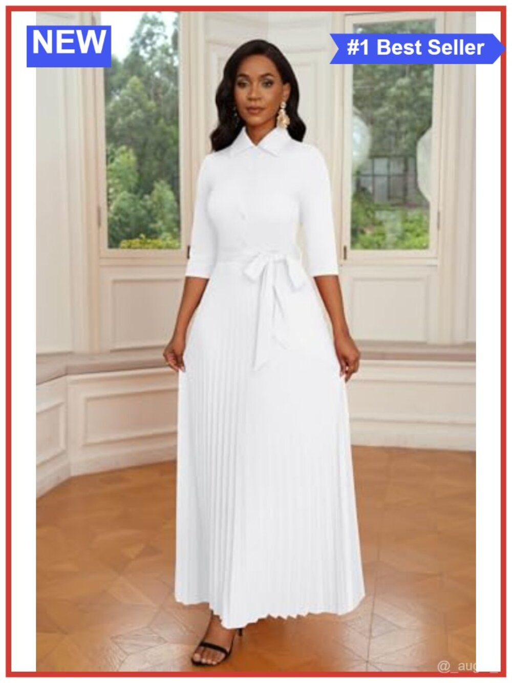 Women's Maxi Dress 3/4 Sleeve Button Down Pleated Church Work Dress - Picture 2 of 6